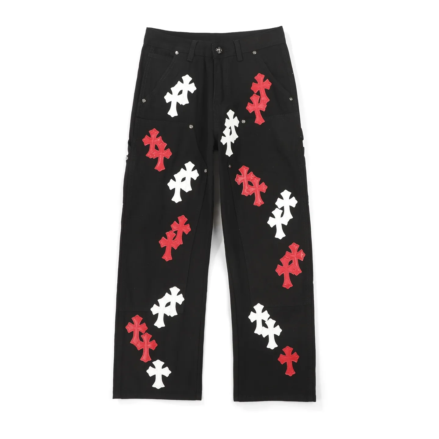 P280 Chrome Hearts Black Timber Pants Red Leather and White Leather Elements Washed Jeans Really restores the ultimate vintage texture. Three-dimensional version. Loose and comfortable, not picky about the figure. Makes you look taller and slimmer. Made by a factory. Original quality control. Same style for men and women. Can be matched with couples. Versatile recommendation. Must-have jeans for all seasons. Fashionistas have been disappointed. The quality selection of fabrics, the tailoring of details, and the matching of patterns are all impeccable! The upper body is so handsome when worn...it can be easily worn by men, women and children! The craftsmanship is made of heavy-duty washed pure cotton denim fabric. After washing, it is soft and thick and looks very stylish when worn. Color: black Size: 28 30 32 34 36